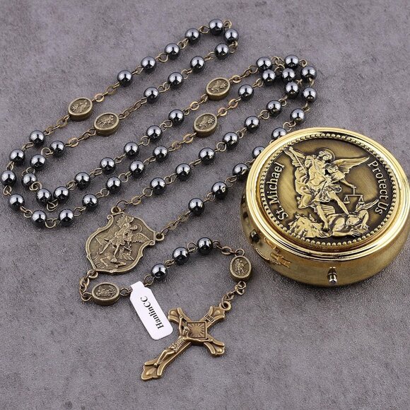 Saint Michael Hematite Black Beads Catholic Rosary Necklace with Gold Plated Met - Picture 2 of 9